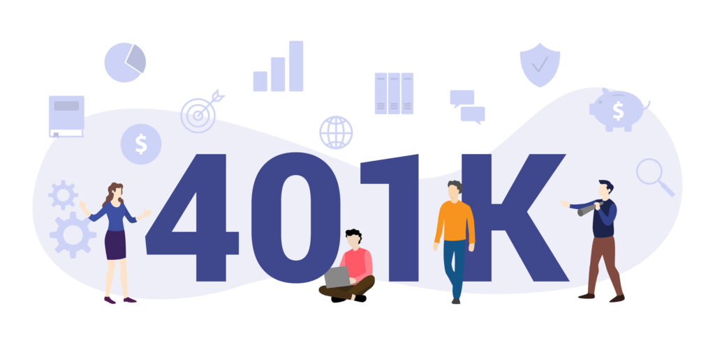 401k insurance pension concept with big word or text and team people with modern flat style - vector